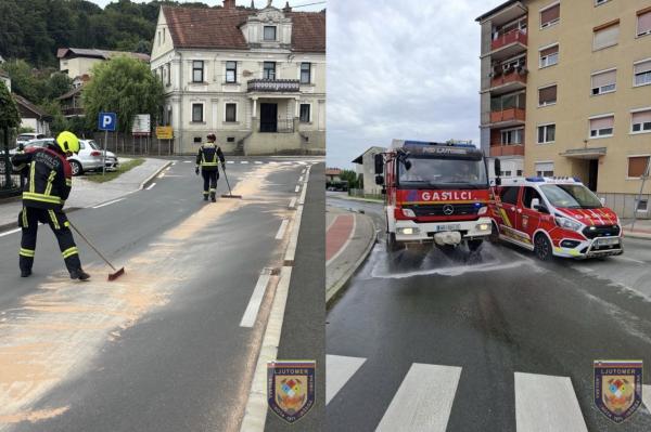 FOTO: Po cestišču v Ljutomeru prišlo do razlitja nevarne snovi